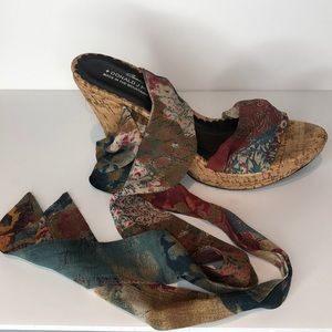 Couture cork wedge sandals with scarf wrap ankle